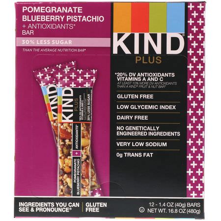 小吃店, 營養棒: KIND Bars, Kind Plus, Pomegranate Blueberry Pistachio + Antioxidants, 12 Bars, 1.4 oz (40 g) Each