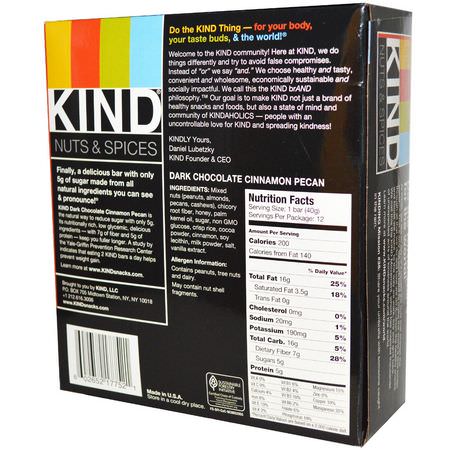 小吃店, 營養棒: KIND Bars, Nuts & Spices, Dark Chocolate Cinnamon Pecan, 12 Bars, 1.4 oz (40 g)