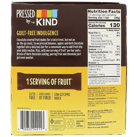 水果吧: KIND Bars, Pressed by KIND, Dark Chocolate Banana, 12 Fruit Bars, 1.35 oz (38 g) Each