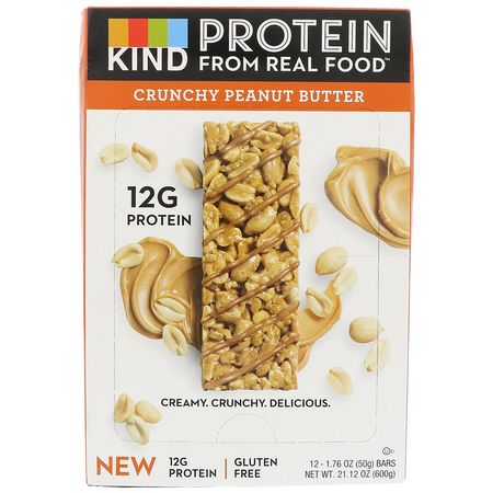 大豆蛋白棒, 蛋白棒: KIND Bars, Protein Bars, Crunchy Peanut Butter, 12 Bars, 1.76 oz (50 g) Each