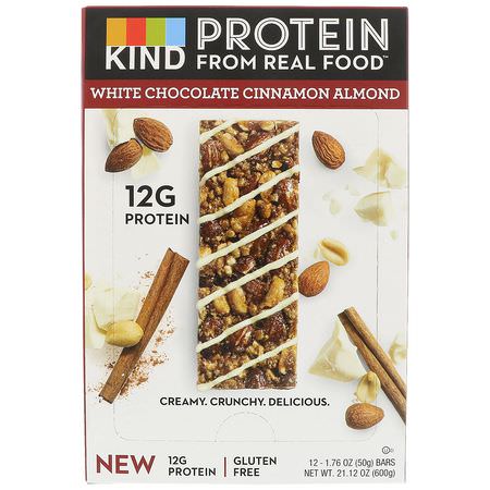 大豆蛋白棒, 蛋白棒: KIND Bars, Protein Bars, White Chocolate Cinnamon Almond, 12 Bars, 1.76 oz (50 g) Each