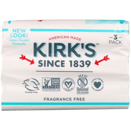 卡斯蒂爾香皂, 香皂: Kirk's, 100% Premium Coconut Oil Gentle Castile Soap, Fragrance Free, 3 Bars, 4 oz (113 g) Each