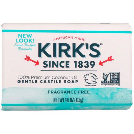 卡斯提爾香皂, 皂條: Kirk's, 100% Premium Coconut Oil Gentle Castile Soap, Fragrance Free, 4 oz (113 g)