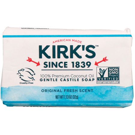 卡斯蒂爾香皂, 香皂: Kirk's, 100% Premium Coconut Oil Gentle Castile Soap, Original Fresh Scent, 1.13 oz (32 g)