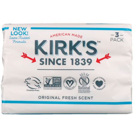 卡斯蒂爾香皂, 香皂: Kirk's, 100% Premium Coconut Oil Gentle Castile Soap, Original Fresh Scent, 3 Bars, 4 oz (113 g) Each