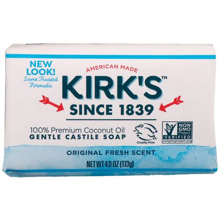卡斯提爾香皂, 香皂: Kirk's, 100% Premium Coconut Oil Gentle Castile Soap, Original Fresh Scent, 4 oz (113 g)