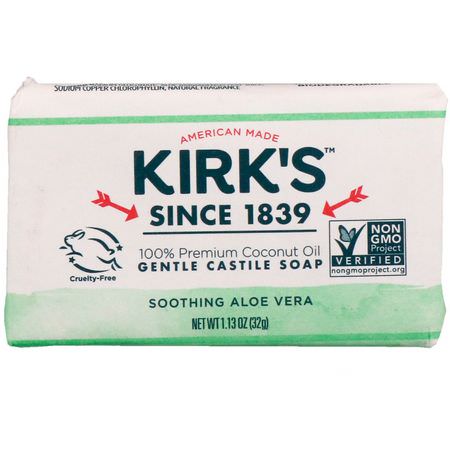 卡斯蒂爾香皂, 香皂: Kirk's, 100% Premium Coconut Oil Gentle Castile Soap, Soothing Aloe Vera, 1.13 oz (32 g)