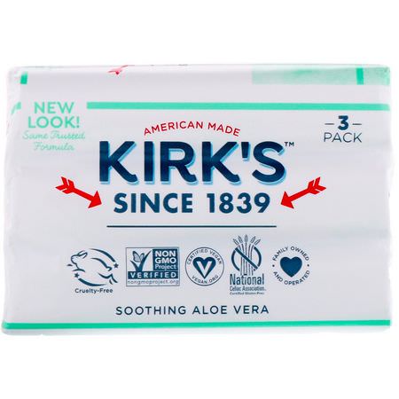 卡斯蒂爾香皂, 肥皂棒: Kirk's, 100% Premium Coconut Oil Gentle Castile Soap, Soothing Aloe Vera, 3 Bars, 4 oz (113 g) Each