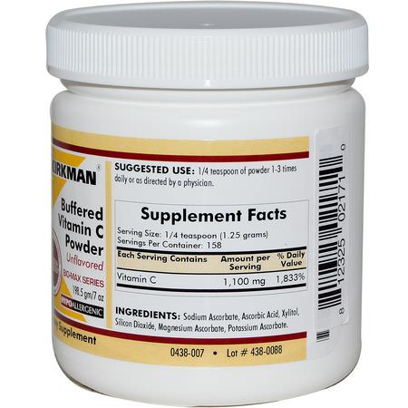 流感, 咳嗽: Kirkman Labs, Buffered Vitamin C Powder, Unflavored, 7 oz (198.5 g)