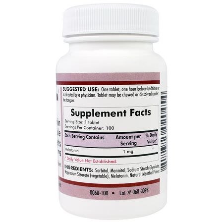 褪黑激素, 睡眠: Kirkman Labs, Melatonin Chewable Tablets, 1 mg, 100 Tablets