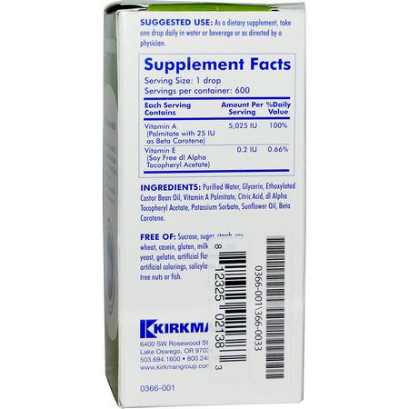 維生素A, 維生素: Kirkman Labs, Mycellized Vitamin A Liquid, 1 fl oz (30 ml)