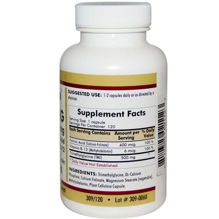 維生素B, 維生素: Kirkman Labs, TMG, With Folinic Acid & Methyl B-12, 500 mg, 120 Capsules