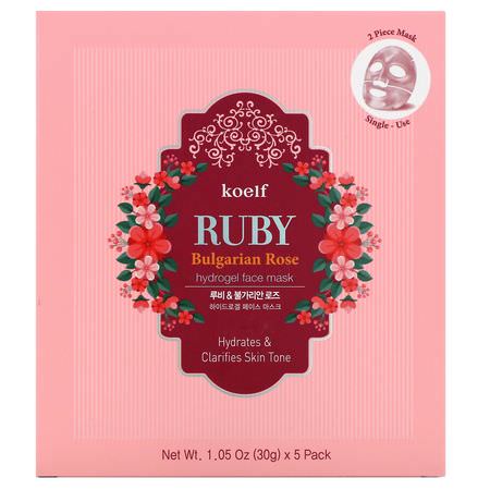 保濕面膜, K美容面膜: Koelf, Ruby Bulgarian Rose Hydrogel Face Mask Pack, 5 Sheets, 1.05 oz (30 g) Each