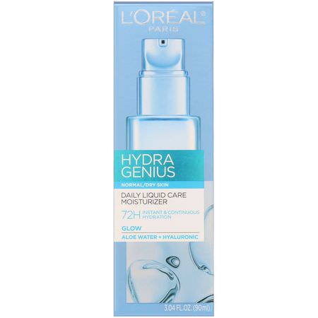 面部保濕霜, 護膚: L'Oreal, Hydra Genius, Glow Daily Liquid Care Moisturizer, Normal/Dry Skin, 3.04 fl oz (90 ml)