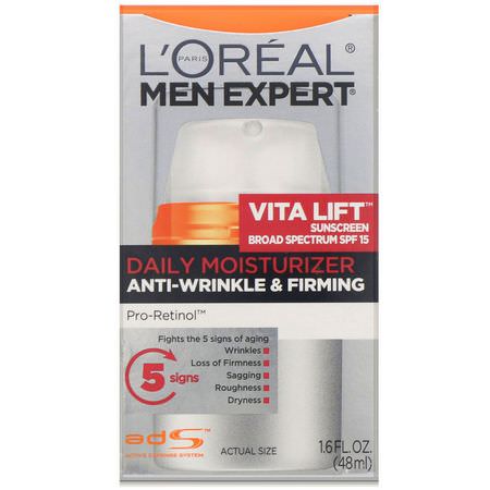 面部保濕霜, 皮膚護理: L'Oreal, Men Expert Anti-Wrinkle & Firming, Vita Lift Daily Moisturizer, SPF 15, 1.6 fl oz (48 ml)