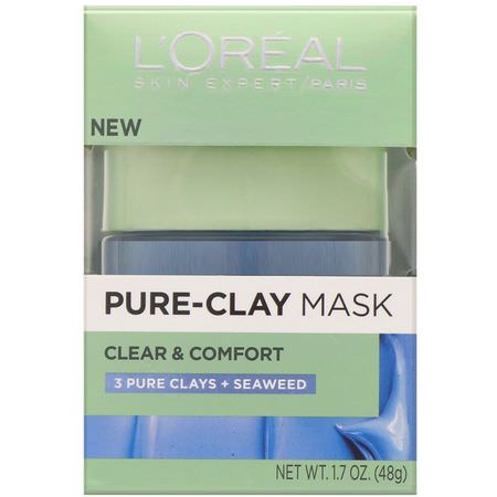 面膜, 護膚: L'Oreal, Pure-Clay Mask, Clear & Comfort, 3 Pure Clays + Seaweed, 1.7 oz (48 g)