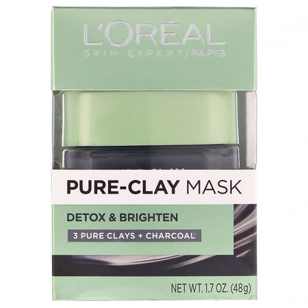 面膜, 護膚: L'Oreal, Pure-Clay Mask, Detox & Brighten, 3 Pure Clays + Charcoal, 1.7 oz (48 g)
