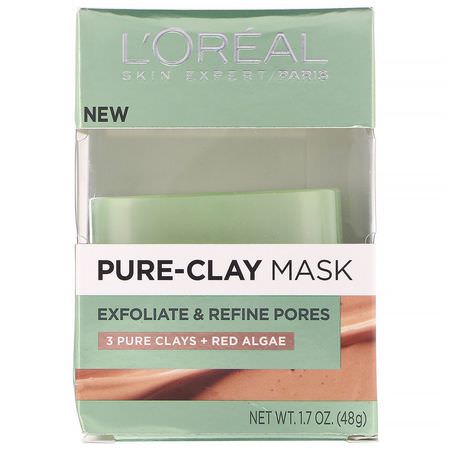 面膜, 護膚: L'Oreal, Pure-Clay Mask, Exfoliate & Refine Pores, 3 Pure Clays + Red Algae, 1.7 oz (48 g)