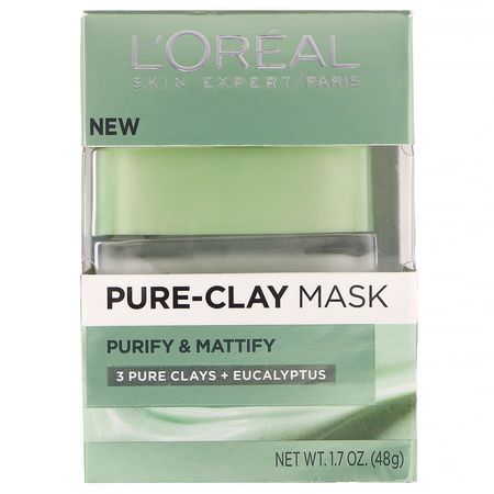 面膜, 護膚: L'Oreal, Pure-Clay Mask, Purify & Mattify, 3 Pure Clays + Eucalyptus, 1.7 oz (48 g)