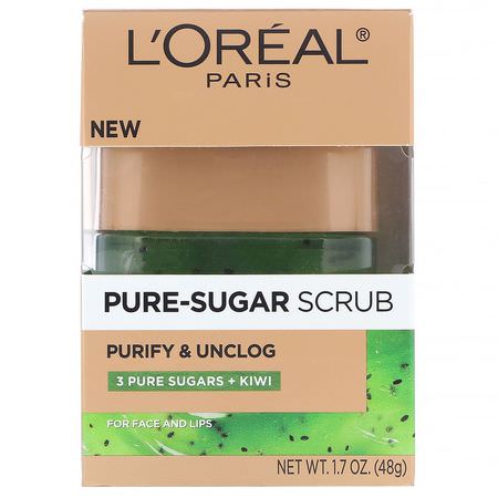 去角質, 去角質: L'Oreal, Pure-Sugar Scrub, Purify & Unclog, 3 Pure Sugars + Kiwi, 1.7 oz (48 g)