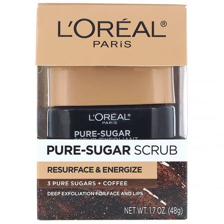 唇部去角質霜, 唇部護理: L'Oreal, Pure-Sugar Scrub, Resurface & Energize, 3 Pure Sugars + Coffee, 1.7 oz (48 g)