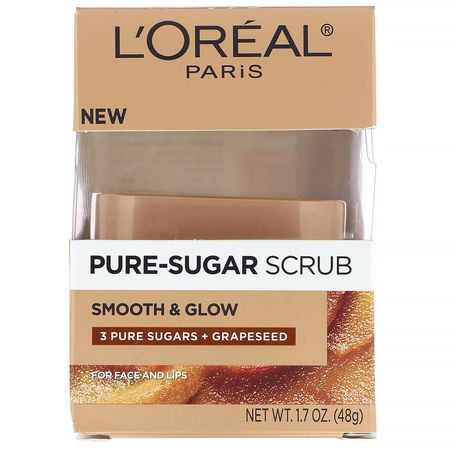 唇部去角質霜, 護唇霜: L'Oreal, Pure-Sugar Scrub, Smooth & Glow, 3 Pure Sugars + Grapeseed, 1.7 oz (48 g)