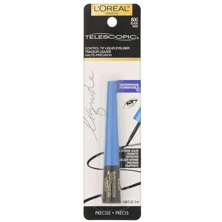 眼線筆, 眼睛: L'Oreal, Telescopic Control Tip Liquid Eyeliner, Waterproof, 800 Black, .08 fl oz (2.45 ml)
