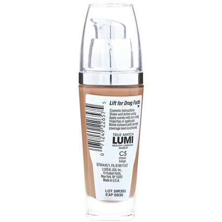 基礎, 臉部: L'Oreal, True Match Healthy Luminous Makeup, SPF 20, C5 Classic Beige, 1 fl oz (30 ml)