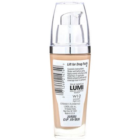 基礎, 臉部: L'Oreal, True Match Healthy Luminous Makeup, SPF 20, W1-2 Porcelain/Light Ivory, 1 fl oz (30 ml)