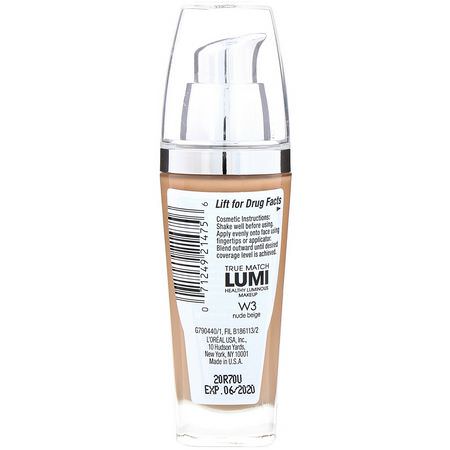 基礎, 臉部: L'Oreal, True Match Healthy Luminous Makeup, SPF 20, W3 Nude Beige, 1 fl oz (30 ml)