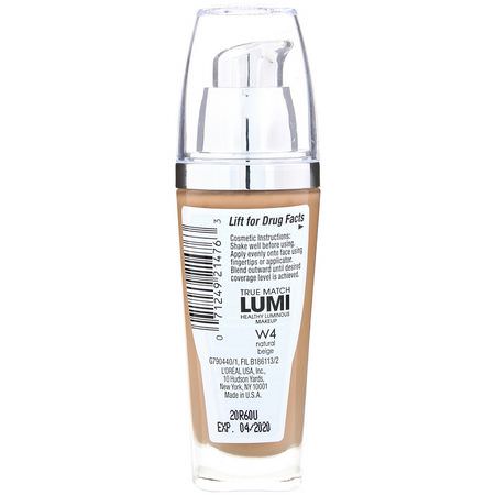 基礎, 臉部: L'Oreal, True Match Healthy Luminous Makeup, SPF 20, W4 Natural Beige, 1 fl oz (30 ml)