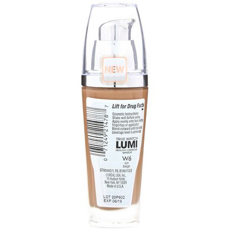 基礎, 臉部: L'Oreal, True Match Healthy Luminous Makeup, SPF 20, W6 Sun Beige, 1 fl oz (30 ml)