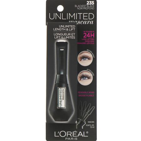 睫毛膏, 眼睛: L'Oreal, Unlimited Length & Lift Mascara, 235 Blackest Black, 0.24 fl oz (7 ml)