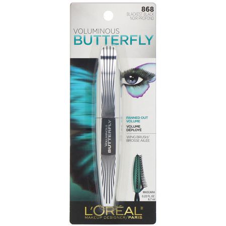 睫毛膏, 眼睛: L'Oreal, Voluminous Butterfly Mascara, 868 Blackest Black, 0.22 fl oz (6.7 ml)
