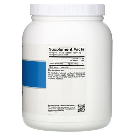 一水肌酸, 肌酸: Lake Avenue Nutrition, Creatine Powder, Unflavored, 5,000 mg, 2 lb (907 g)