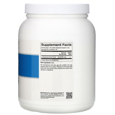 L-谷氨酰胺, 氨基酸: Lake Avenue Nutrition, Glutamine Powder, Unflavored, 2 lb (907 g)