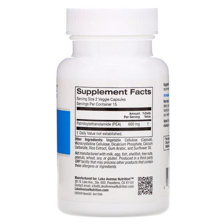 棕櫚酰乙醇酰胺PEA, 緩解疼痛: Lake Avenue Nutrition, PEA (Palmitoylethanolamide), 600 mg, 30 Veggie Capsules