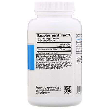 棕櫚酰乙醇酰胺PEA, 緩解疼痛: Lake Avenue Nutrition, PEA (Palmitoylethanolamide), 600 mg, 90 Veggie Capsules