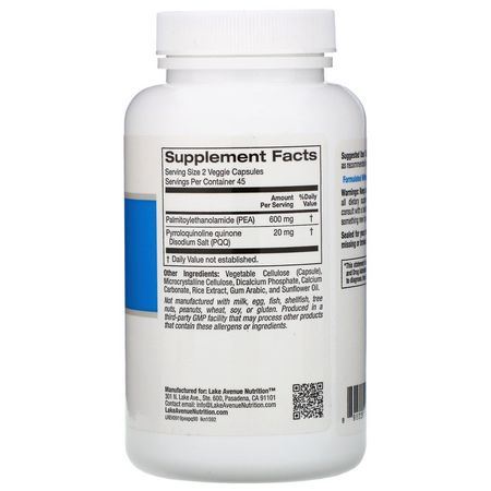 棕櫚酰乙醇酰胺PEA, 緩解疼痛: Lake Avenue Nutrition, PEA (Palmitoylethanolamide) with PQQ, 90 Veggie Capsules