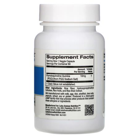PQQ, 抗氧化劑: Lake Avenue Nutrition, PQQ (Pyrroloquinoline Quinine), 10 mg, 60 Veggie Capsules