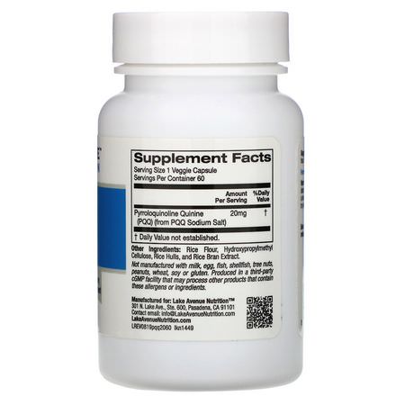 PQQ, 抗氧化劑: Lake Avenue Nutrition, PQQ (Pyrroloquinoline Quinine), 20 mg, 60 Veggie Capsules