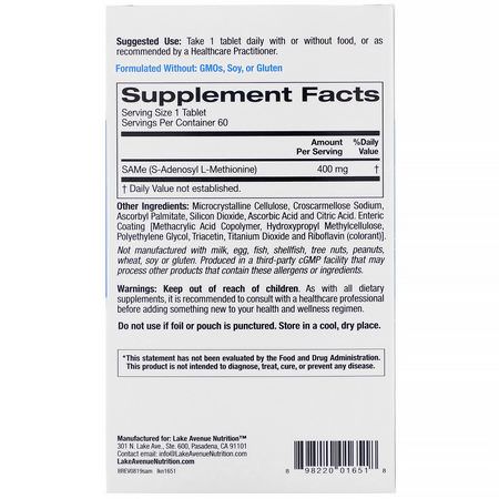 SAM-e, 補品: Lake Avenue Nutrition, SAMe (S-Adenosyl L-Methionine), 400 mg, 60 Tablets