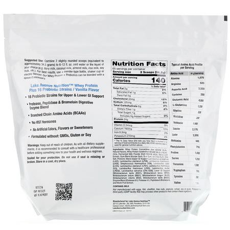 乳清蛋白, 運動營養: Lake Avenue Nutrition, Whey Protein + Probiotics, Vanilla Flavor, 5 lb (2270 g)