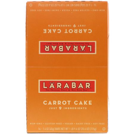 能量棒, 運動棒: Larabar, Carrot Cake, 16 Bars, 1.6 oz (45 g) Each