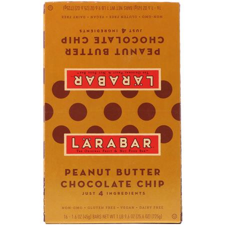 能量棒, 運動棒: Larabar, Peanut Butter Chocolate Chip, 16 Bars, 1.6 oz (45 g) Each