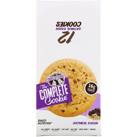 小吃, 蛋白質餅乾: Lenny & Larry's, The Complete Cookie, Oatmeal Raisin, 12 Cookies, 4 oz (113 g) Each