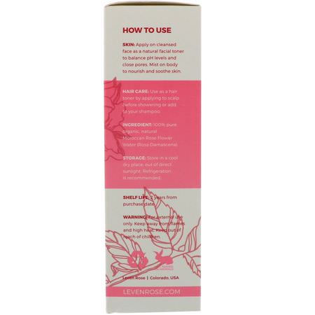頭皮護理, 頭髮護理: Leven Rose, 100% Pure & Organic Rose Water, 4 fl oz (118 ml)