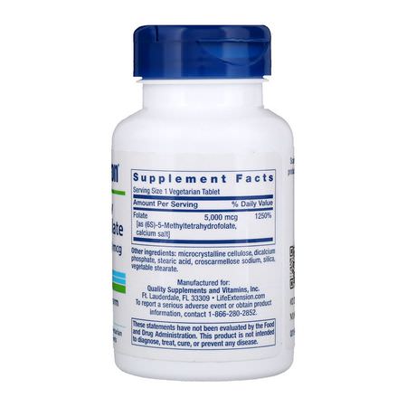 葉酸, 維生素B: Life Extension, High Potency Optimized Folate, 5000 mcg, 30 Vegetarian Tablets