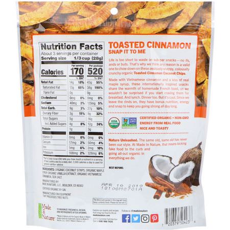 芯片, 小吃: Made in Nature, Organic Coconut Chips, Toasted Cinnamon Supersnacks, 3 oz (85 g)