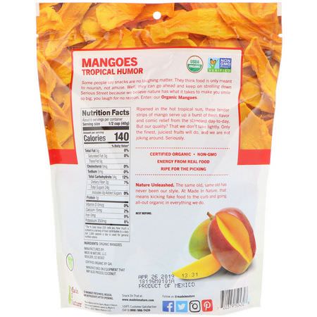 芒果芒果食品: Made in Nature, Organic Dried Mangoes, Sweet & Tangy Supersnacks, 8 oz (227 g)